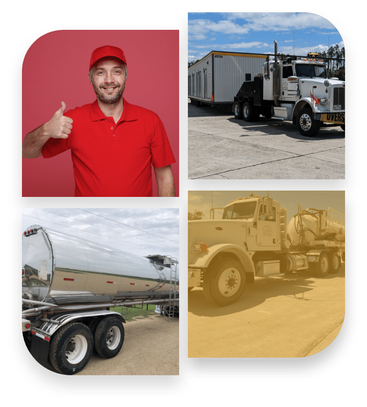 Image Collage with Man in Red Uniform doing Thumbs Up, Parked Trucks, Truck Cruising along the road in gold overlay