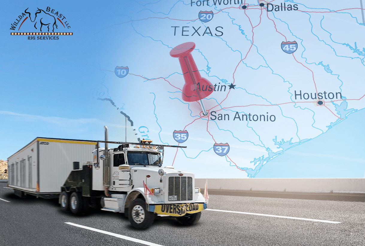 White Truck Cruising along the Road with Texas Map behind and WIllda Beast Logo at the Top Right Corner