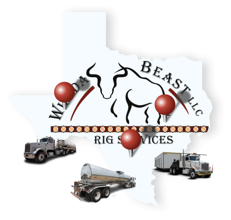 Willda Beast LLC Logo with Texas Map Pin, Locations, and Lined Up Trucks